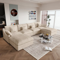 Deluxe Slope Cloud Sectional Sofas | 6-Piece Linen Khaki U-Shaped Sectionals 4-Seater With 2 Ottomans