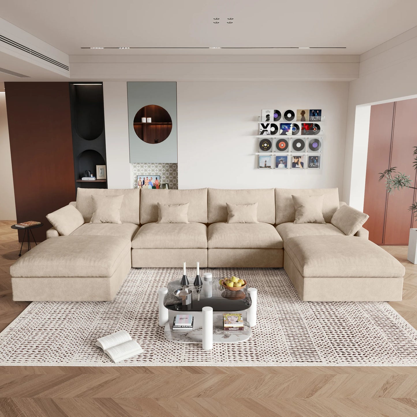 Deluxe Slope Cloud Sectional Sofas | 6-Piece Linen Khaki U-Shaped Sectionals 4-Seater With 2 Ottomans