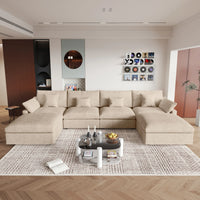 Deluxe Slope Cloud Sectional Sofas | 6-Piece Linen Khaki U-Shaped Sectionals 4-Seater With 2 Ottomans