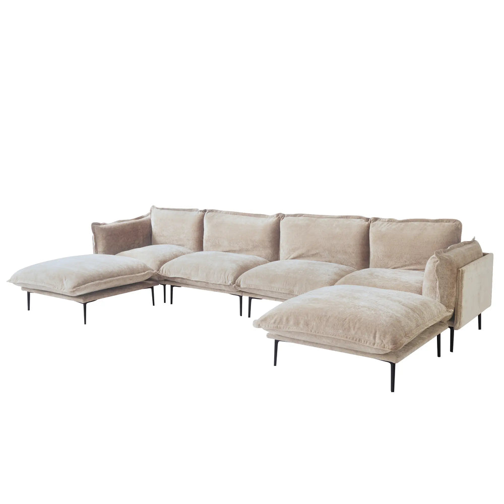 Deluxe Urban Cloud Sectional Sofas | 6-Piece Velvet Brown U-Shaped Sectionals 4-Seater With 2 Ottomans