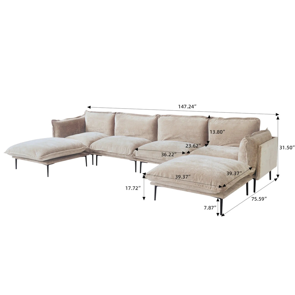 Deluxe Urban Cloud Sectional Sofas | 6-Piece Velvet Brown U-Shaped Sectionals 4-Seater With 2 Ottomans