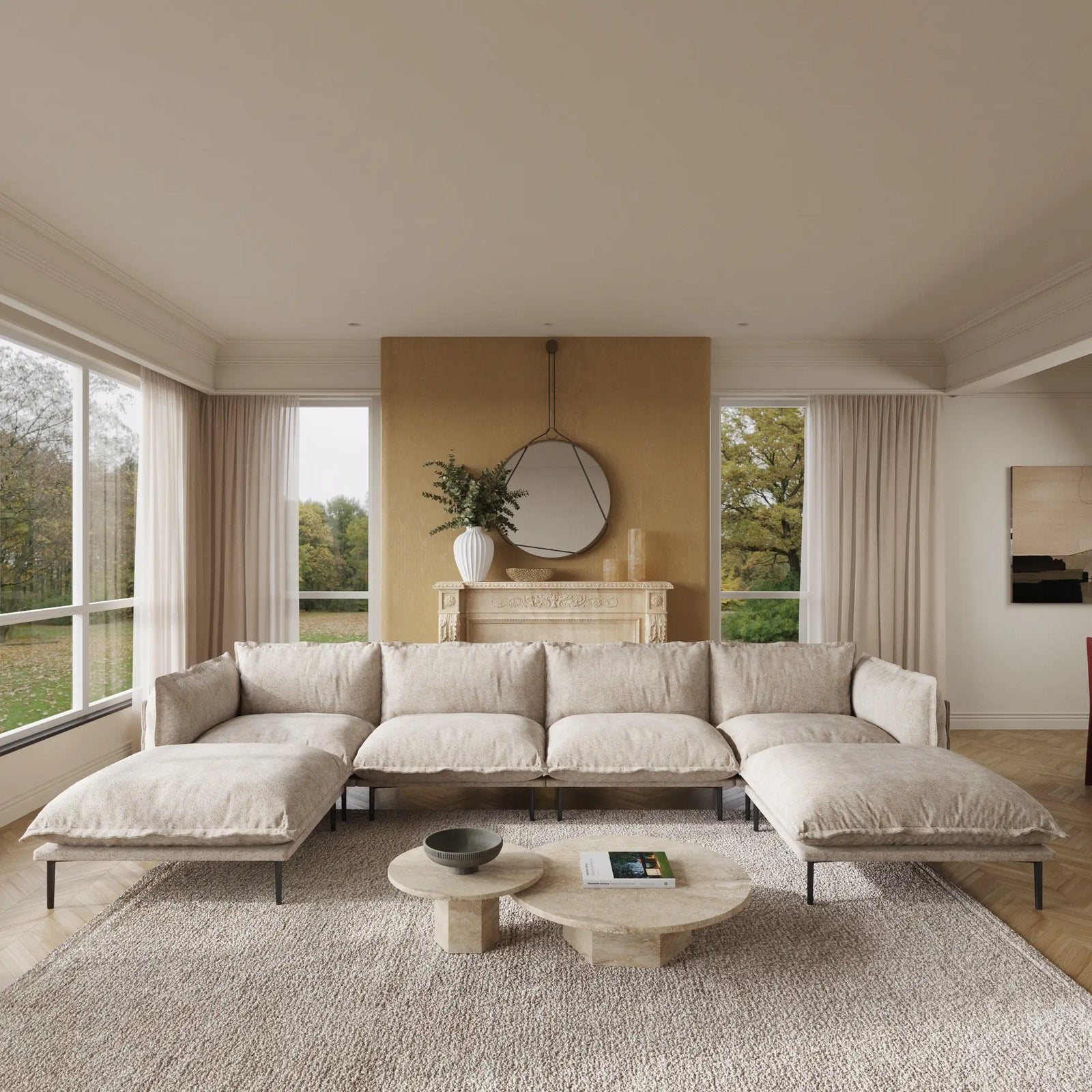 Deluxe Cloud 4-Seater Brown Modular U-Shaped Sectional | 6-Piece (includes 2 Ottomans), Velvet Fabric, Spacious Design