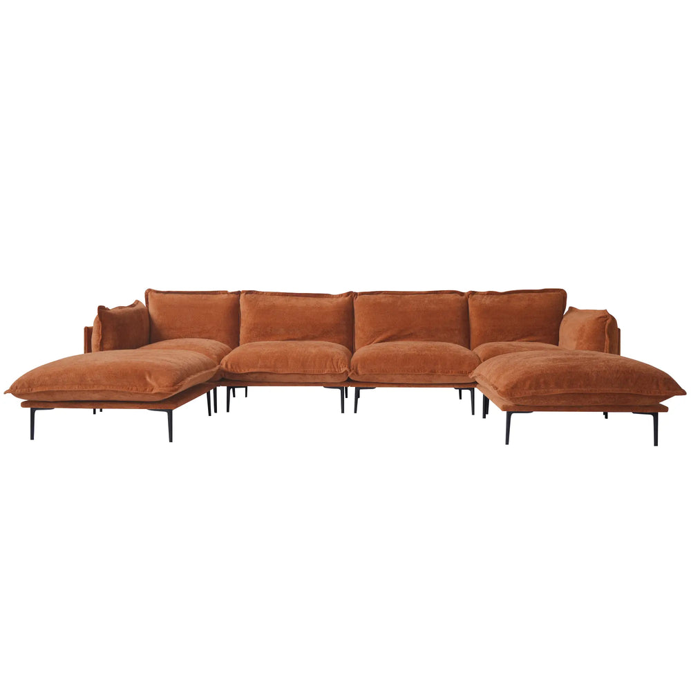 Deluxe Urban Cloud Sectional Sofas | 6-Piece Velvet Orange U-Shaped Sectionals 4-Seater With 2 Ottomans