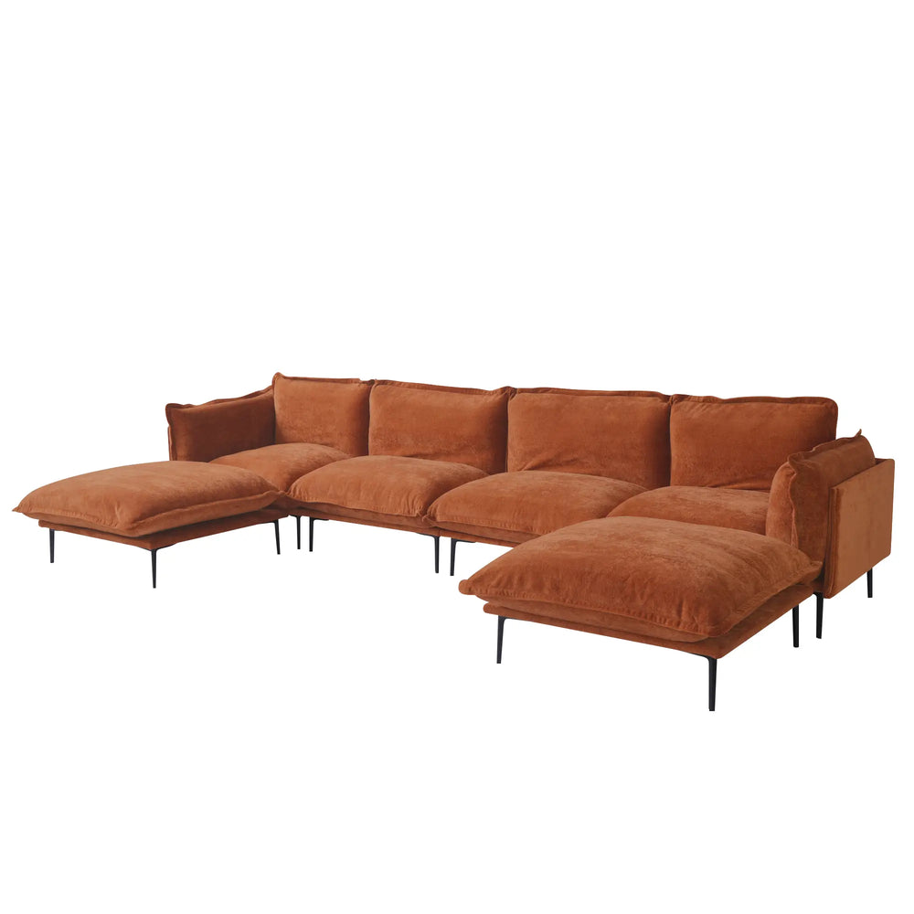 Deluxe Urban Cloud Sectional Sofas | 6-Piece Velvet Orange U-Shaped Sectionals 4-Seater With 2 Ottomans