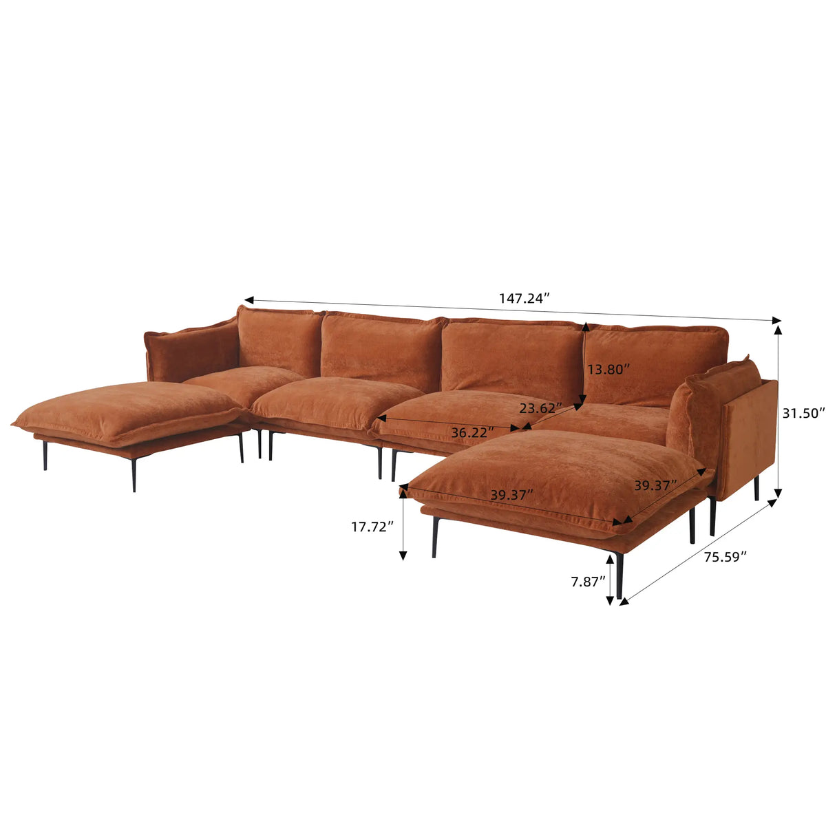 Sofá modular en forma de U Deluxe Cloud de 4 plazas, color naranja | 6 piezas (incluye 2 otomanas), tapizado en terciopelo, diseño espacioso.