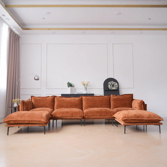 Deluxe Urban Cloud Sectional Sofas | 6-Piece Velvet Orange U-Shaped Sectionals 4-Seater With 2 Ottomans