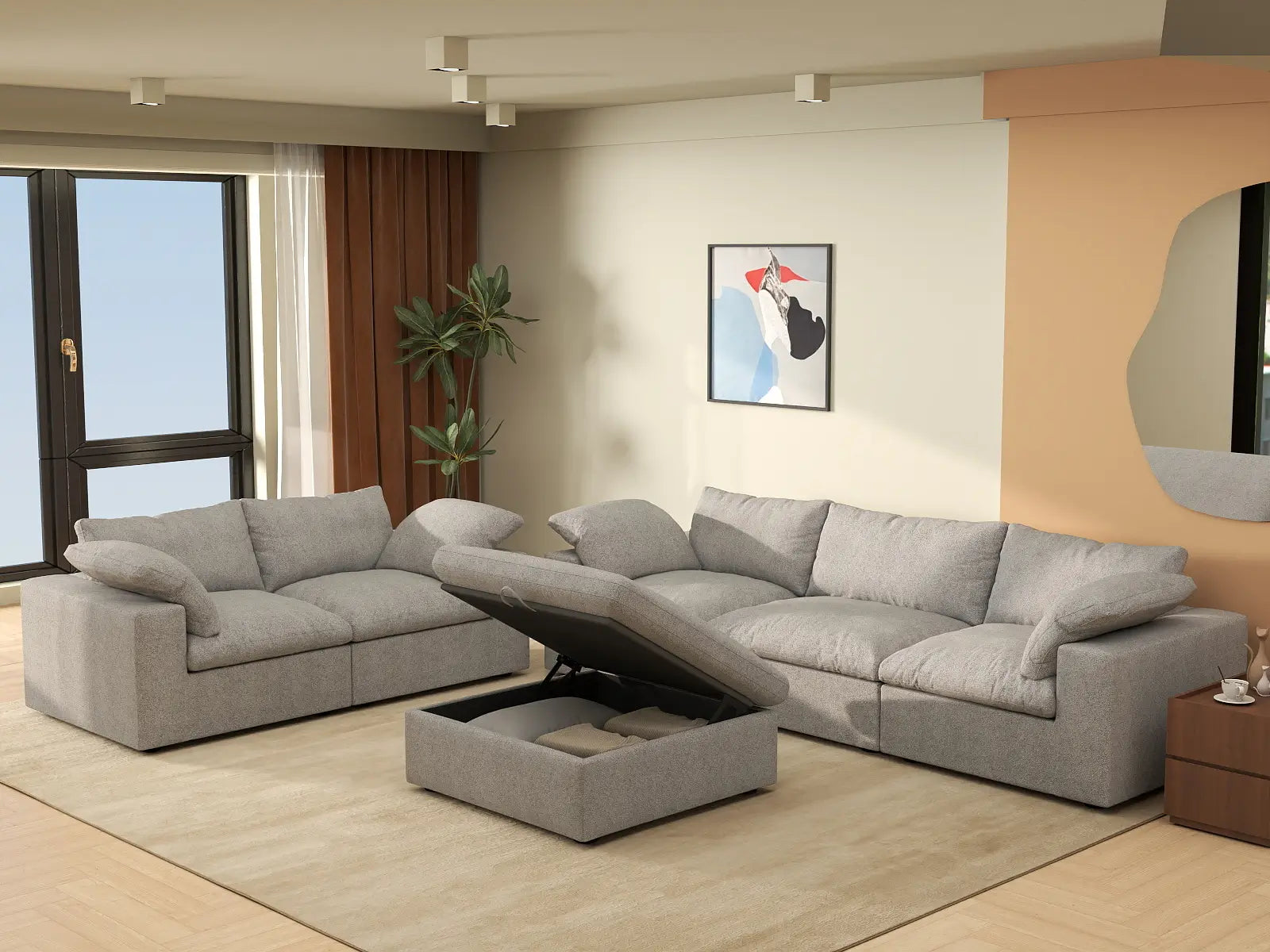 Deluxe Cloud 5-Seater Light Grey Large Space Sofa Set | 6-Piece (Includes 1 Ottoman), Cotton And Linen Fabric, Easy To Clean