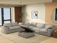 Deluxe Cloud 5-Seater Light Grey Large Space Sofa Set | 6-Piece (Includes 1 Ottoman), Cotton And Linen Fabric, Easy To Clean