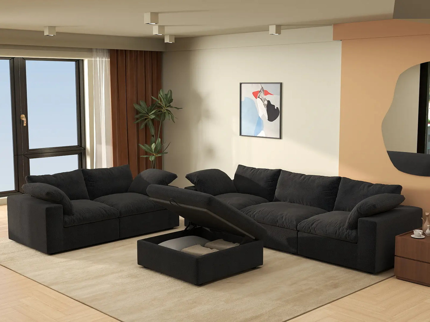 Deluxe Cloud 5-Seater Black Large Space Sofa Set | 6-Piece (Includes 1 Ottoman), Cotton And Linen Fabric, Easy To Clean