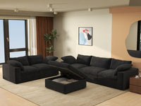 Deluxe Cloud 5-Seater Black Large Space Sofa Set | 6-Piece (Includes 1 Ottoman), Cotton And Linen Fabric, Easy To Clean