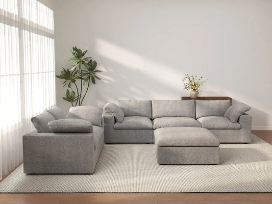 Deluxe Cloud 5-Seater Light Grey Large Space Sofa Set | 6-Piece (Includes 1 Ottoman), Cotton And Linen Fabric, Easy To Clean
