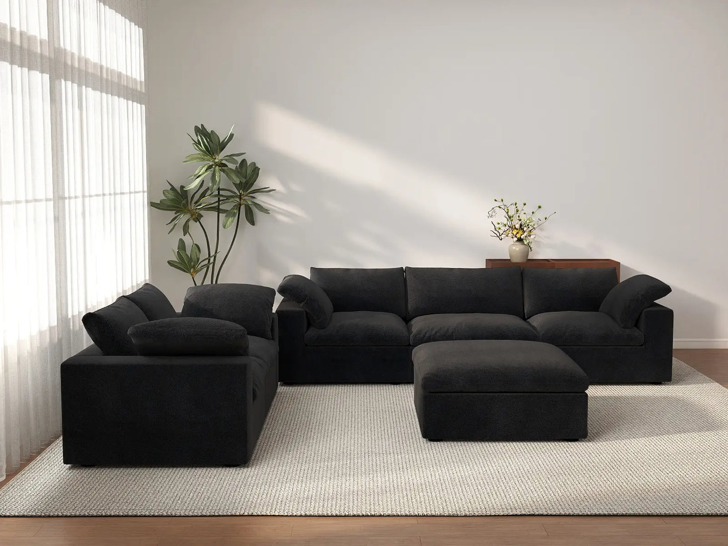 Deluxe Cloud 5-Seater Black Large Space Sofa Set | 6-Piece (Includes 1 Ottoman), Cotton And Linen Fabric, Easy To Clean