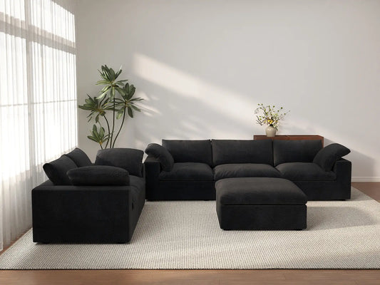 Deluxe Cloud 5-Seater Black Large Space Sofa Set | 6-Piece (Includes 1 Ottoman), Cotton And Linen Fabric, Easy To Clean
