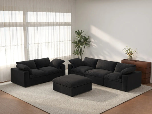 Deluxe Cloud 5-Seater Black Large Space Sofa Set | 6-Piece (Includes 1 Ottoman), Cotton And Linen Fabric, Easy To Clean