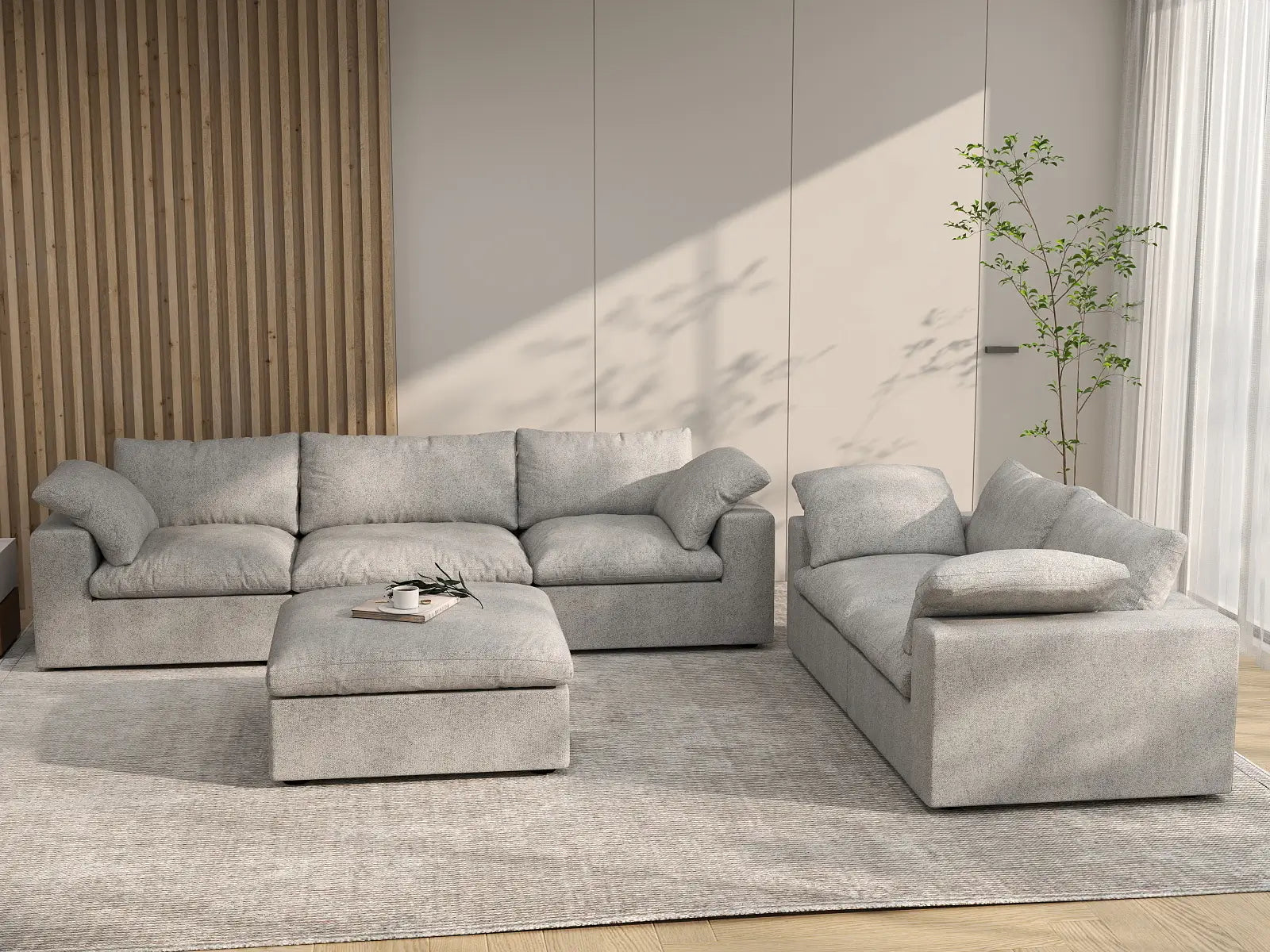 Deluxe Premium Cloud Sectional Sofa Covers | Light Grey Cotton and Linen Sofa Cover for 5-Seater with 1-Ottoman