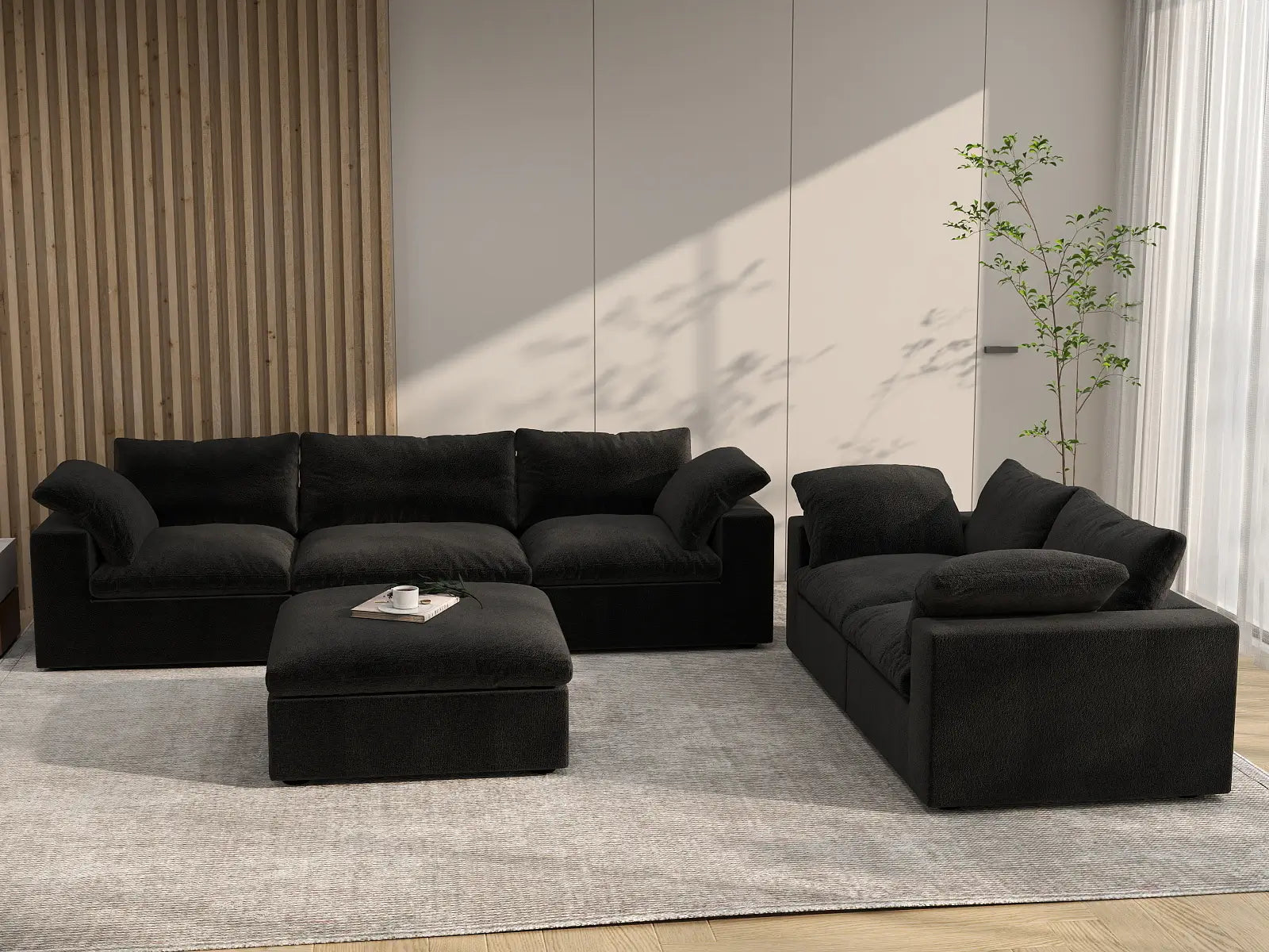 Deluxe Premium Cloud Sectional Sofa Covers | Black Cotton and Linen Sofa Cover for 5-Seater with 1-Ottoman