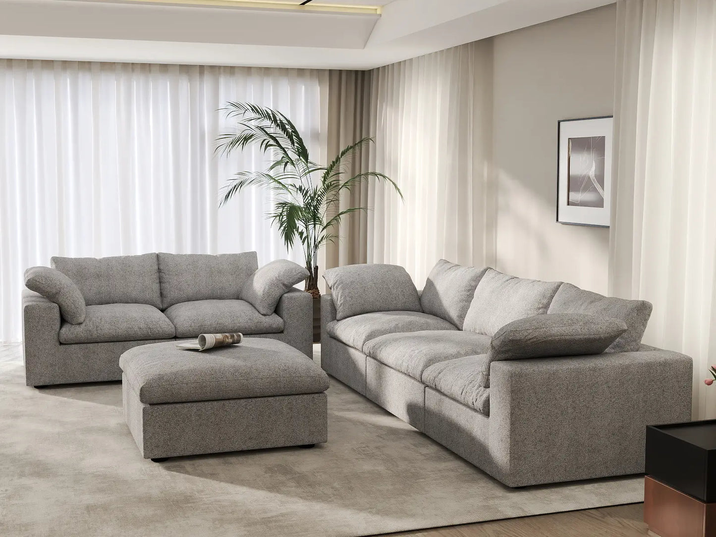 Deluxe Cloud 5-Seater Light Grey Large Space Sofa Set | 6-Piece (Includes 1 Ottoman), Cotton And Linen Fabric, Easy To Clean