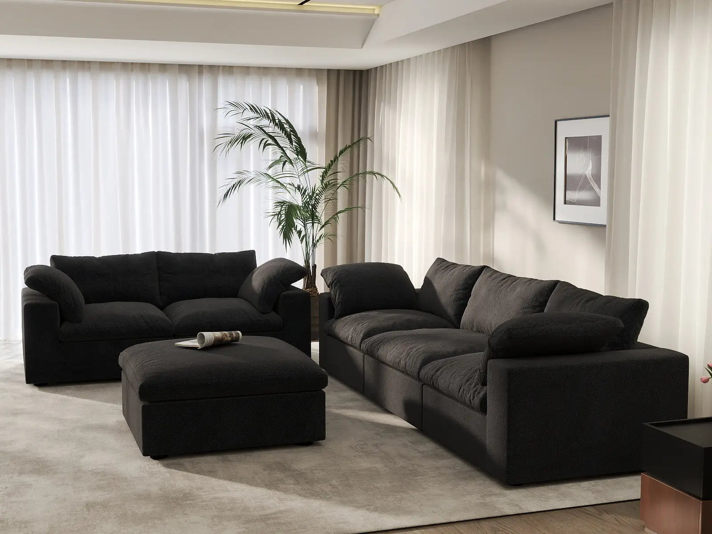 Deluxe Cloud 5-Seater Black Large Space Sofa Set | 6-Piece (Includes 1 Ottoman), Cotton And Linen Fabric, Easy To Clean