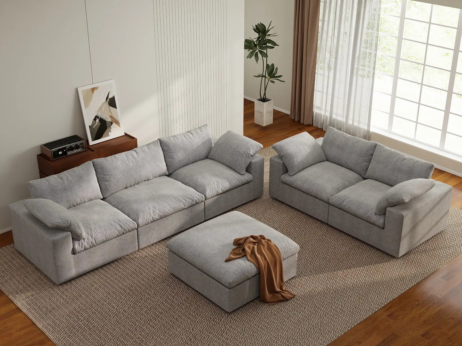Deluxe Premium Cloud Sectional Sofa Covers | Light Grey Cotton and Linen Sofa Cover for 5-Seater with 1-Ottoman