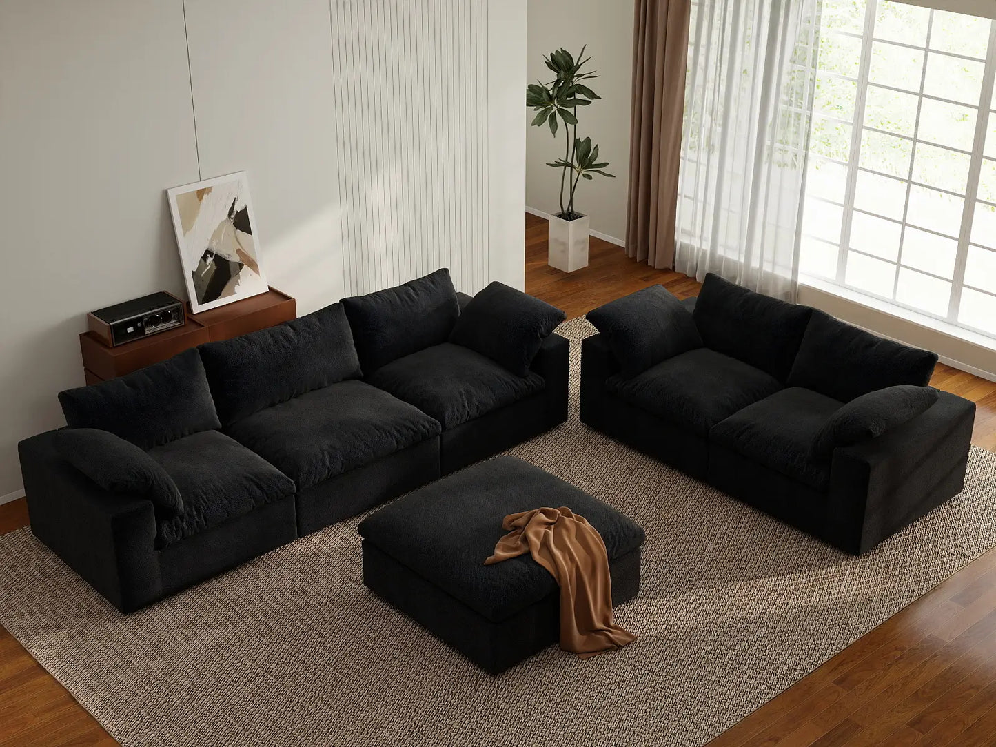Deluxe Premium Cloud Sectional Sofa Covers | Black Cotton and Linen Sofa Cover for 5-Seater with 1-Ottoman