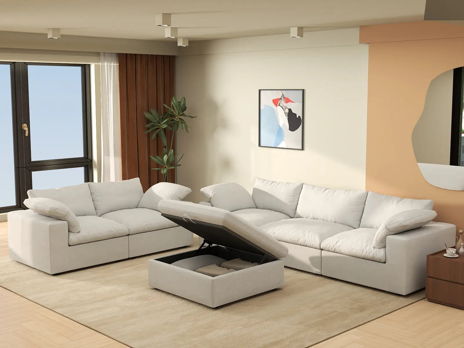 Deluxe Cloud 5-Seater White Sofa Set | 6-Piece (Includes 1 Ottoman), Cotton And Linen Fabric, Washable Cushion Covers