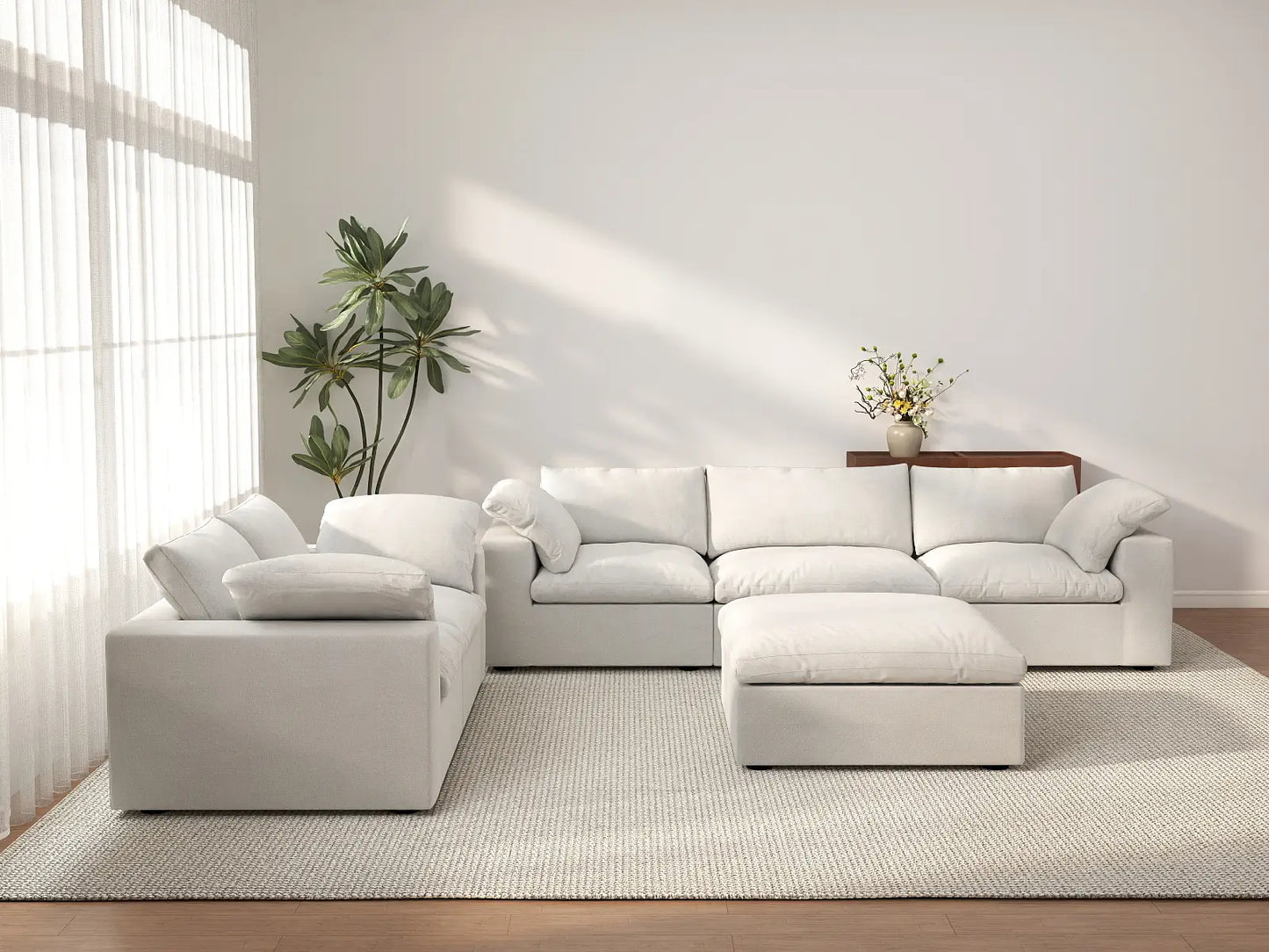 Deluxe Cloud 5-Seater White Sofa Set | 6-Piece (Includes 1 Ottoman), Cotton And Linen Fabric, Washable Cushion Covers
