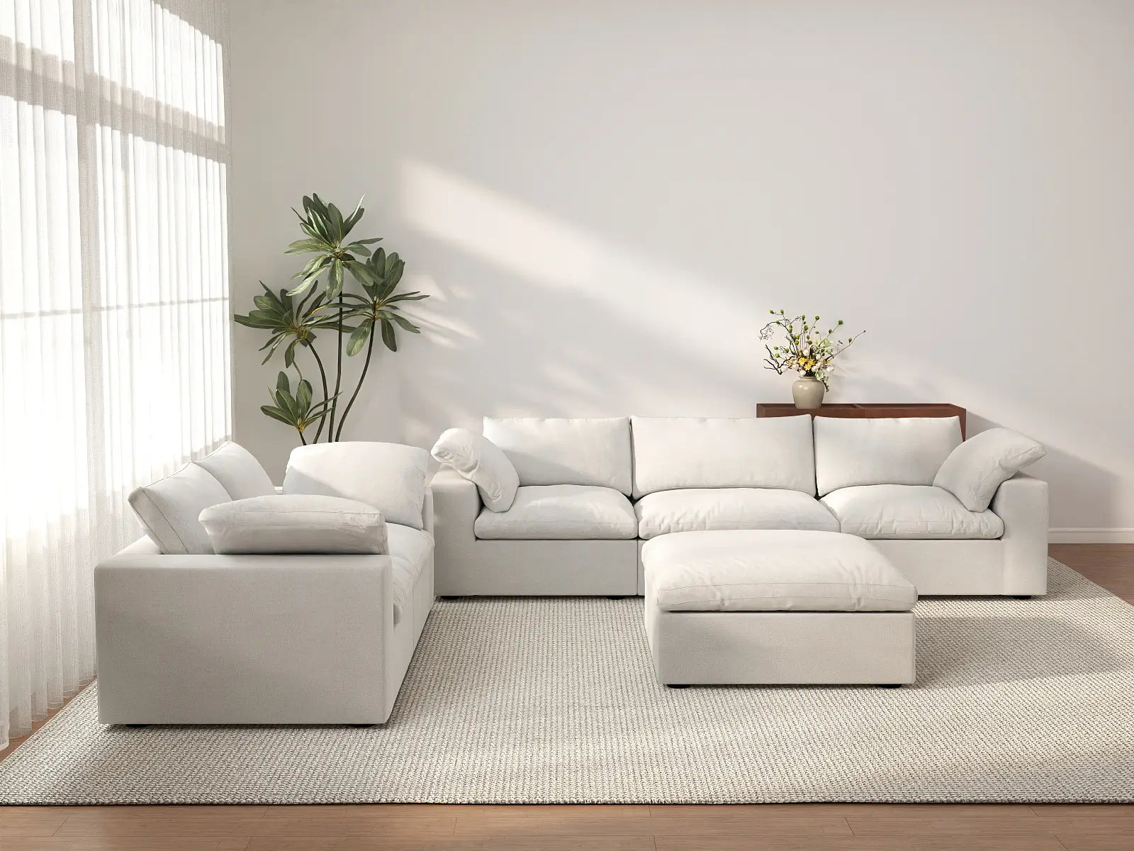 Deluxe Cloud 5-Seater White Sofa Set | 6-Piece (Includes 1 Ottoman), Cotton And Linen Fabric, Washable Cushion Covers