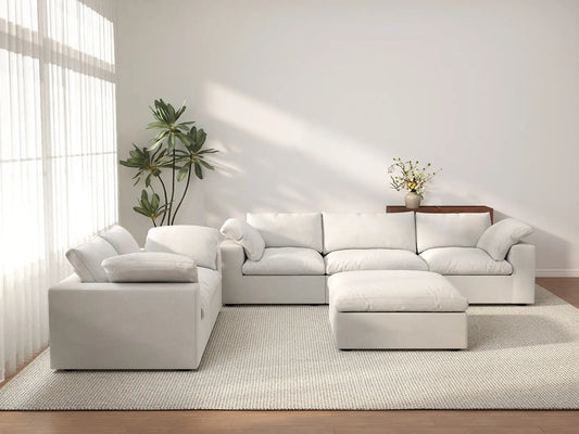 Deluxe Cloud 5-Seater White Sofa Set | 6-Piece (Includes 1 Ottoman), Cotton And Linen Fabric, Washable Cushion Covers