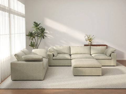 Deluxe Cloud 5-Seater Khaki Sofa Set | 6-Piece (Includes 1 Ottoman), Cotton And Linen Fabric, Washable Cushion Covers