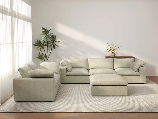 Deluxe Cloud 5-Seater Khaki Sofa Set | 6-Piece (Includes 1 Ottoman), Cotton And Linen Fabric, Washable Cushion Covers