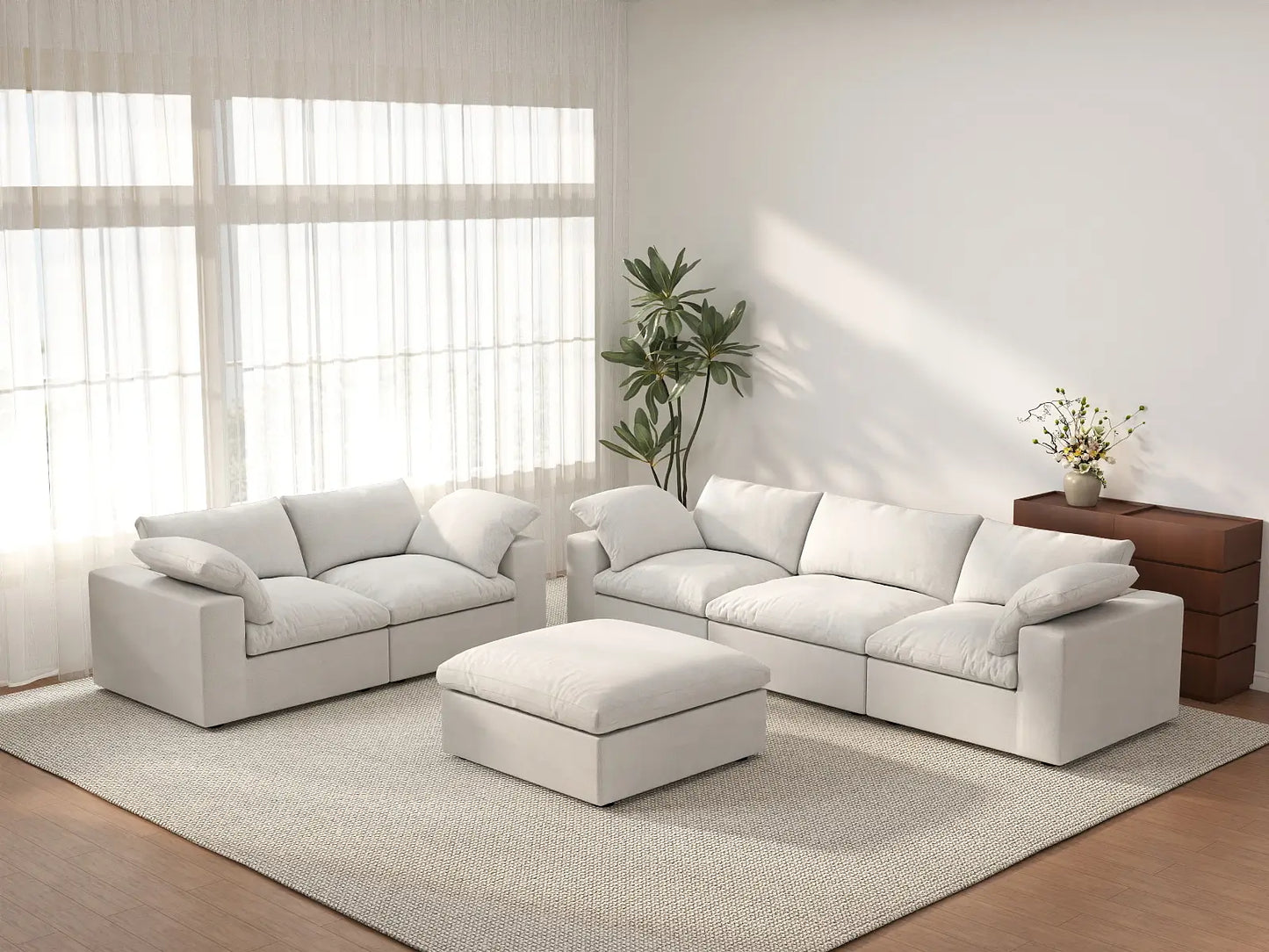 Deluxe Cloud 5-Seater White Sofa Set | 6-Piece (Includes 1 Ottoman), Cotton And Linen Fabric, Washable Cushion Covers