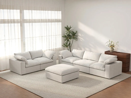Deluxe Cloud 5-Seater White Sofa Set | 6-Piece (Includes 1 Ottoman), Cotton And Linen Fabric, Washable Cushion Covers