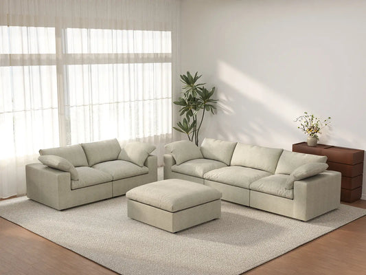 Deluxe Cloud 5-Seater Khaki Sofa Set | 6-Piece (Includes 1 Ottoman), Cotton And Linen Fabric, Washable Cushion Covers
