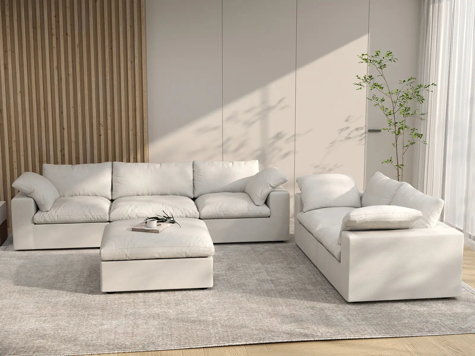 Deluxe Premium Cloud Sectional Sofa Covers | White Cotton and Linen Sofa Cover for 5-Seater with 1-Ottoman