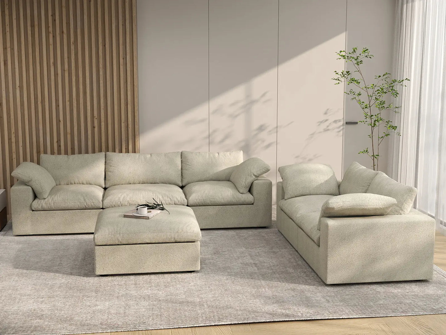 Deluxe Cloud 5-Seater Khaki Sofa Set | 6-Piece (Includes 1 Ottoman), Cotton And Linen Fabric, Washable Cushion Covers