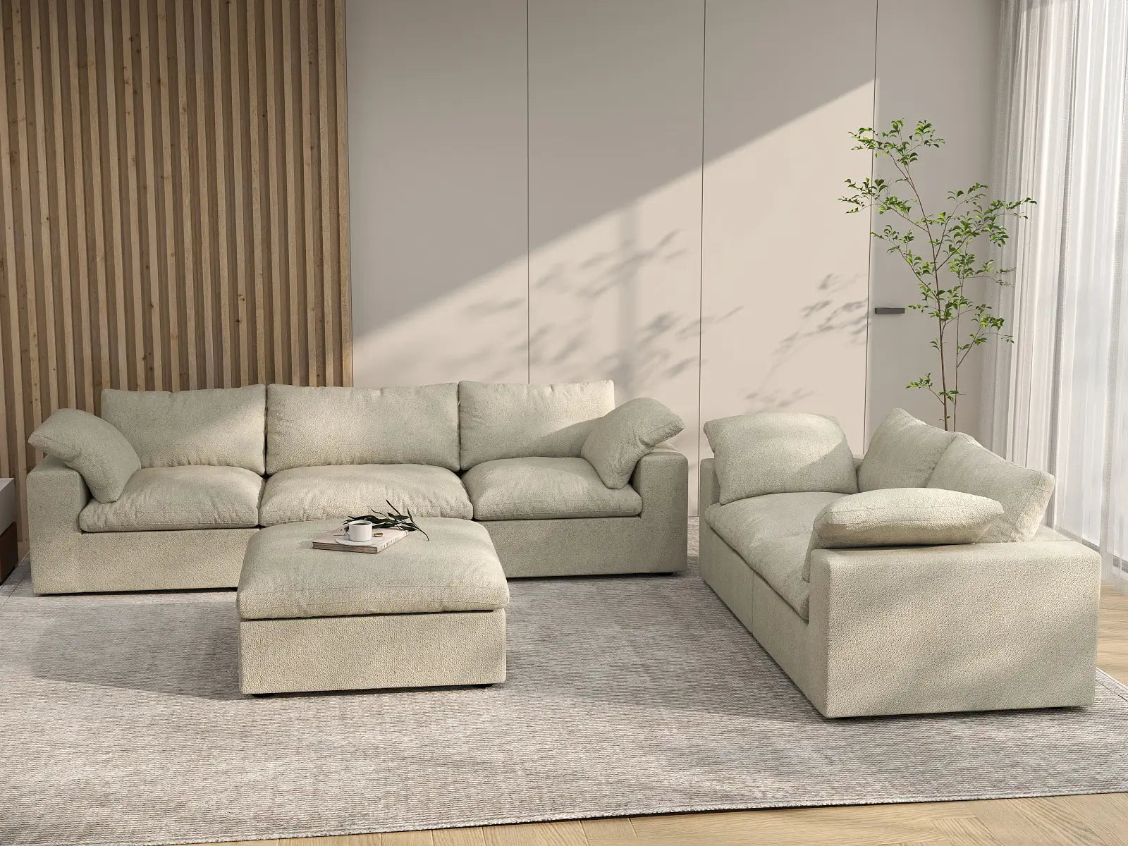 Deluxe Cloud 5-Seater Khaki Sofa Set | 6-Piece (Includes 1 Ottoman), Cotton And Linen Fabric, Washable Cushion Covers