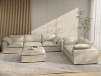 Deluxe Cloud 5-Seater Khaki Sofa Set | 6-Piece (Includes 1 Ottoman), Cotton And Linen Fabric, Washable Cushion Covers