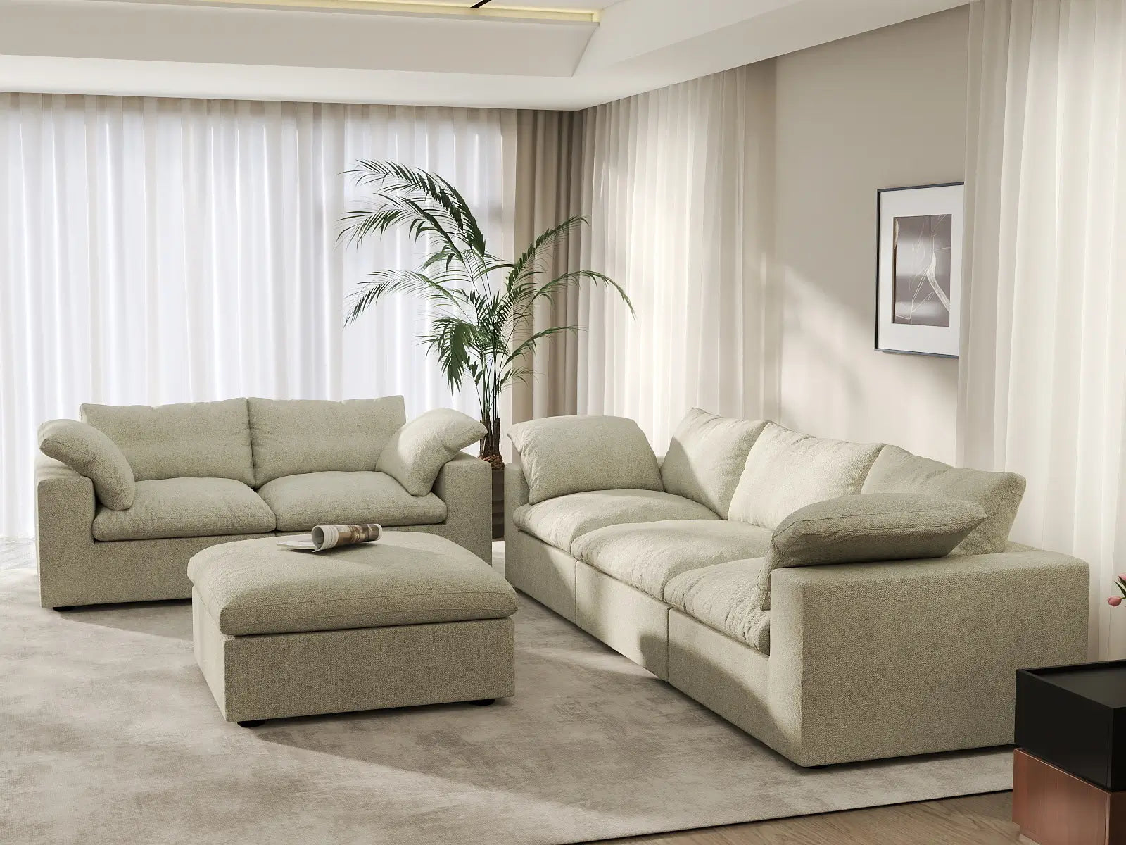 Deluxe Premium Cloud Sectional Sofa Covers | Khaki Cotton and Linen Sofa Cover for 5-Seater with 1-Ottoman