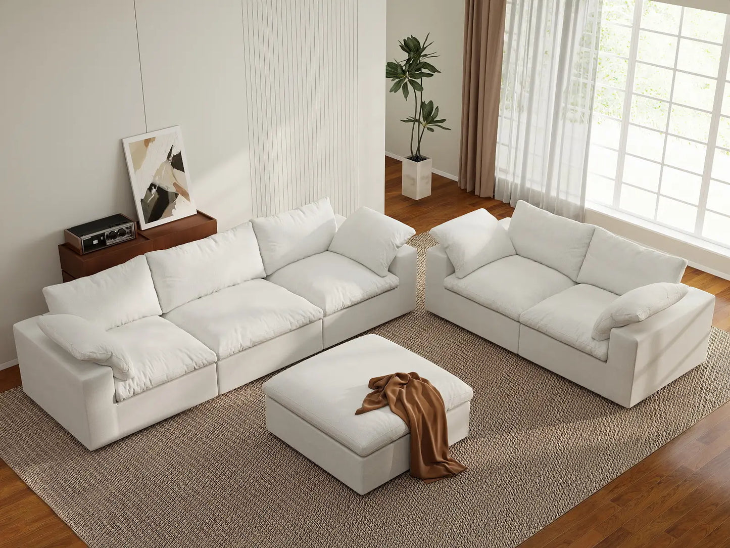 Deluxe Cloud 5-Seater White Sofa Set | 6-Piece (Includes 1 Ottoman), Cotton And Linen Fabric, Washable Cushion Covers