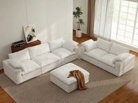 Deluxe Cloud 5-Seater White Sofa Set | 6-Piece (Includes 1 Ottoman), Cotton And Linen Fabric, Washable Cushion Covers