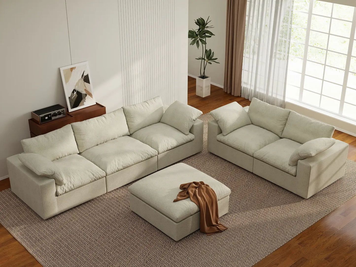 Deluxe Premium Cloud Sectional Sofa Covers | Khaki Cotton and Linen Sofa Cover for 5-Seater with 1-Ottoman