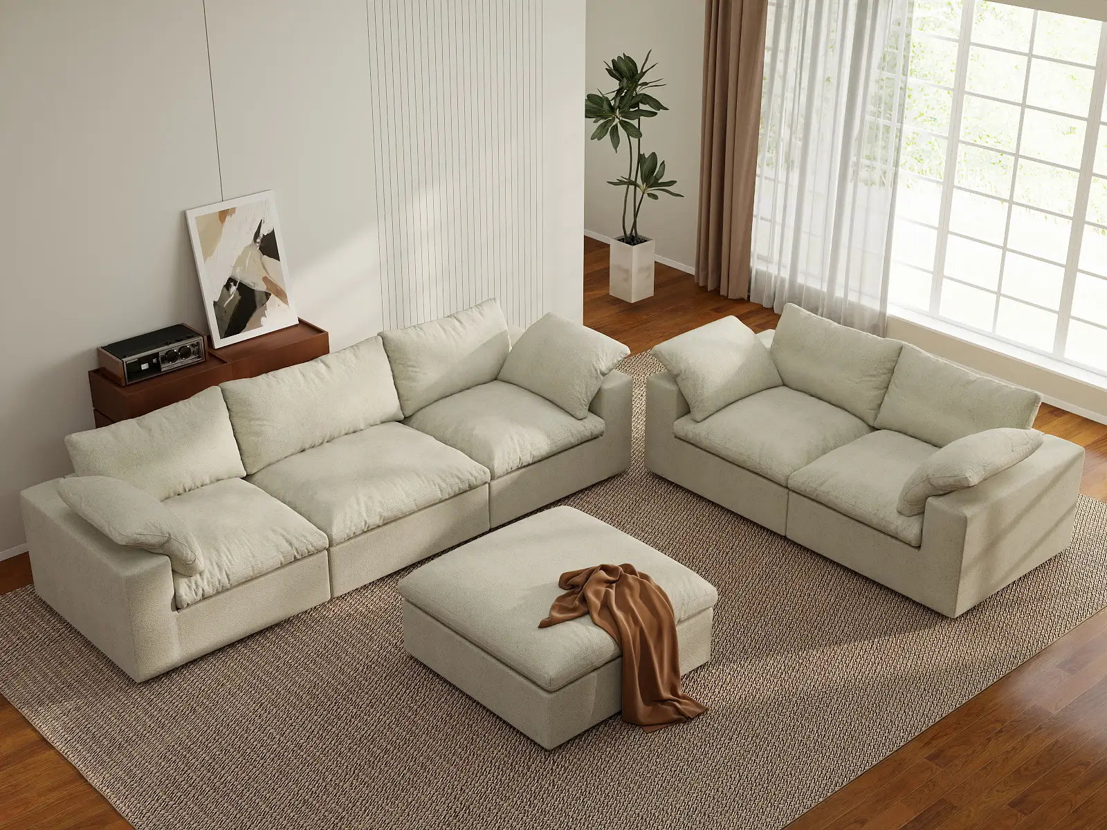 Deluxe Premium Cloud Sectional Sofa Covers | Khaki Cotton and Linen Sofa Cover for 5-Seater with 1-Ottoman