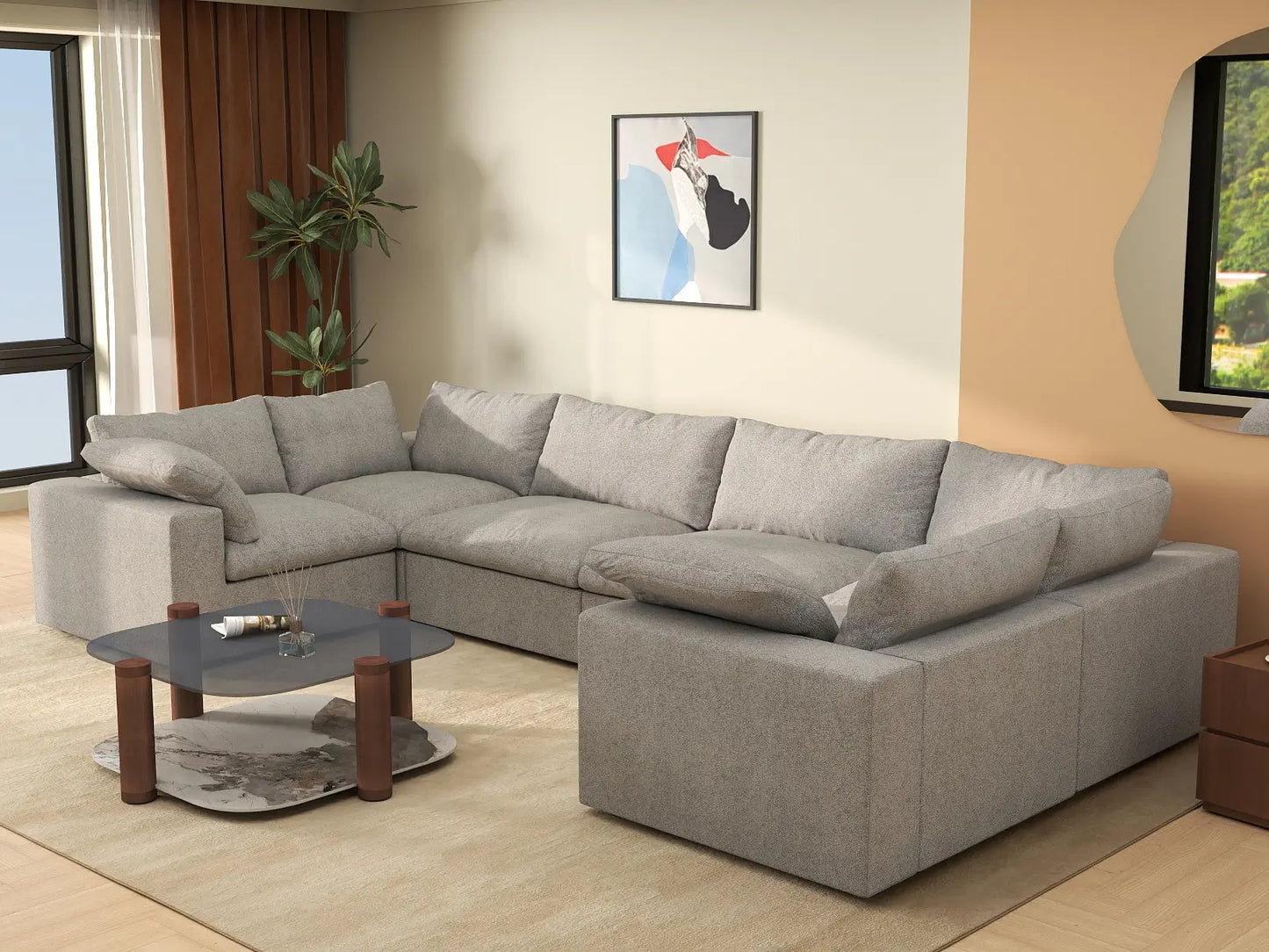 Deluxe Premium Cloud Sectional Sofa Covers | Light Grey Cotton and Linen Sofa Cover for 6-Seater
