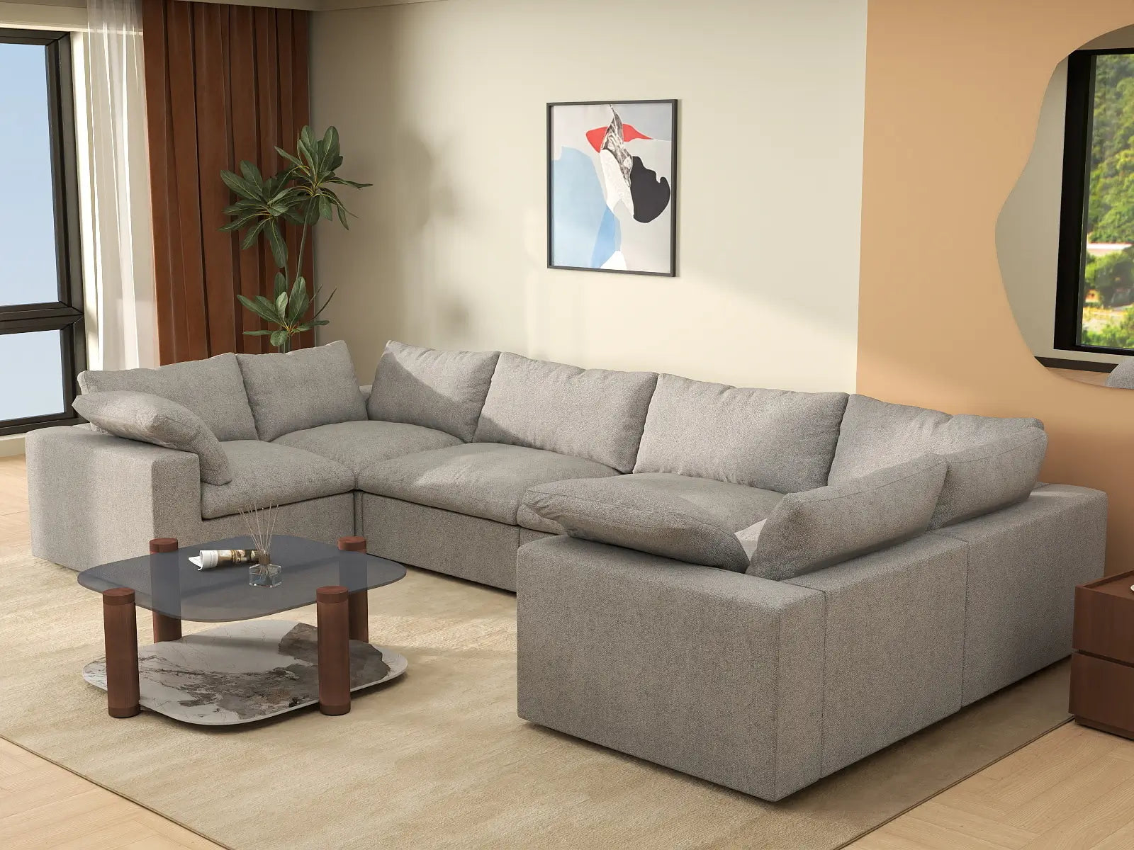 Deluxe Premium Cloud Sectional Sofa Covers | Light Grey Cotton and Linen Sofa Cover for 6-Seater