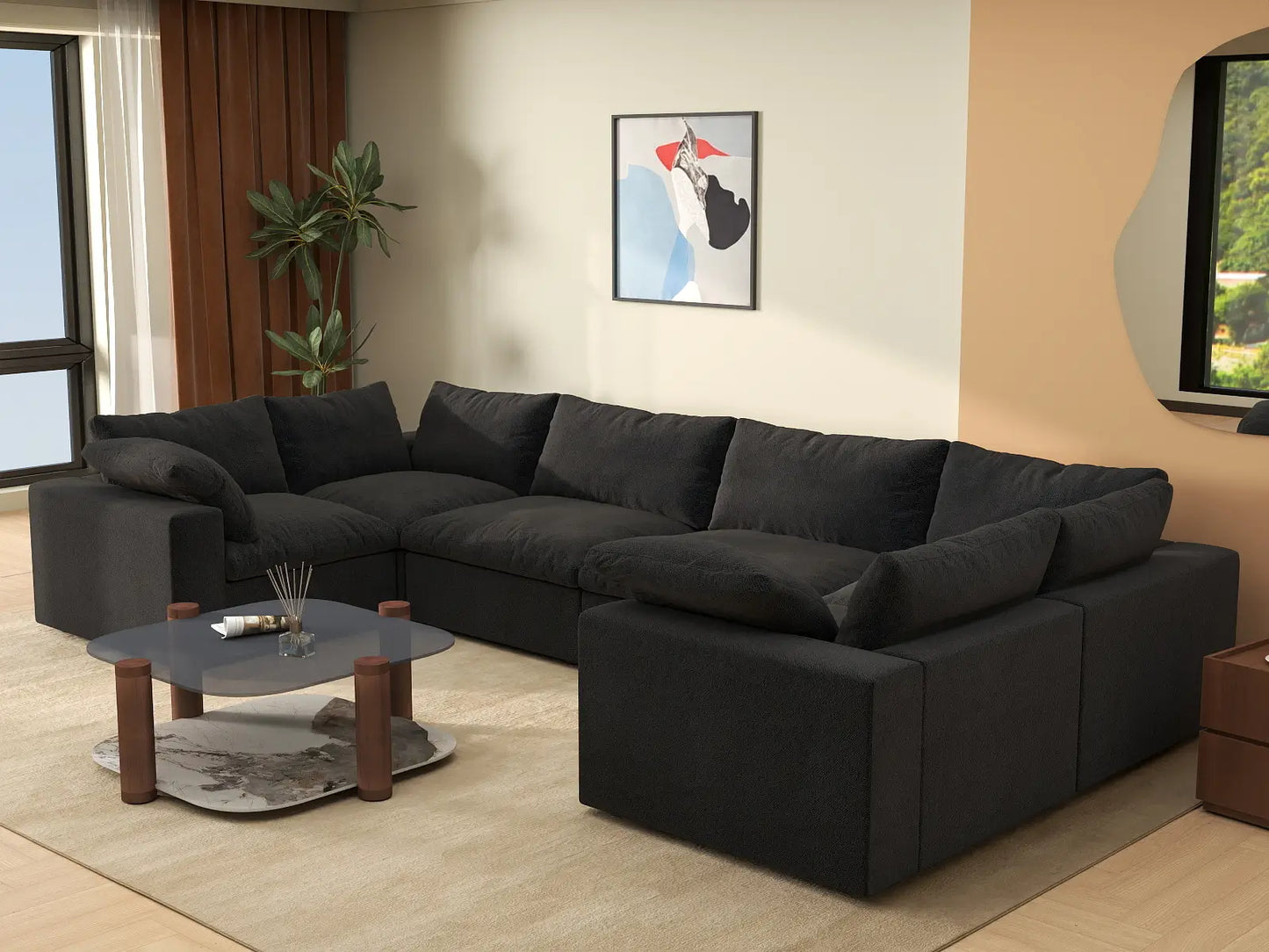 Deluxe Premium Cloud Sectional Sofa Covers | Black Cotton and Linen Sofa Cover for 6-Seater