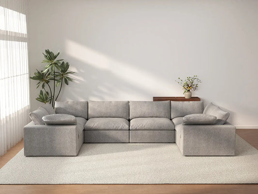 Deluxe Cloud 6-Seater Light Grey Large Space U-Shaped Sectional | 6-Piece, Cotton And Linen Fabric, Easy To Clean