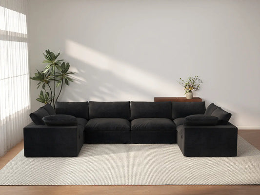 Deluxe Cloud 6-Seater Black Large Space U-Shaped Sectional | 6-Piece, Cotton And Linen Fabric, Easy To Clean