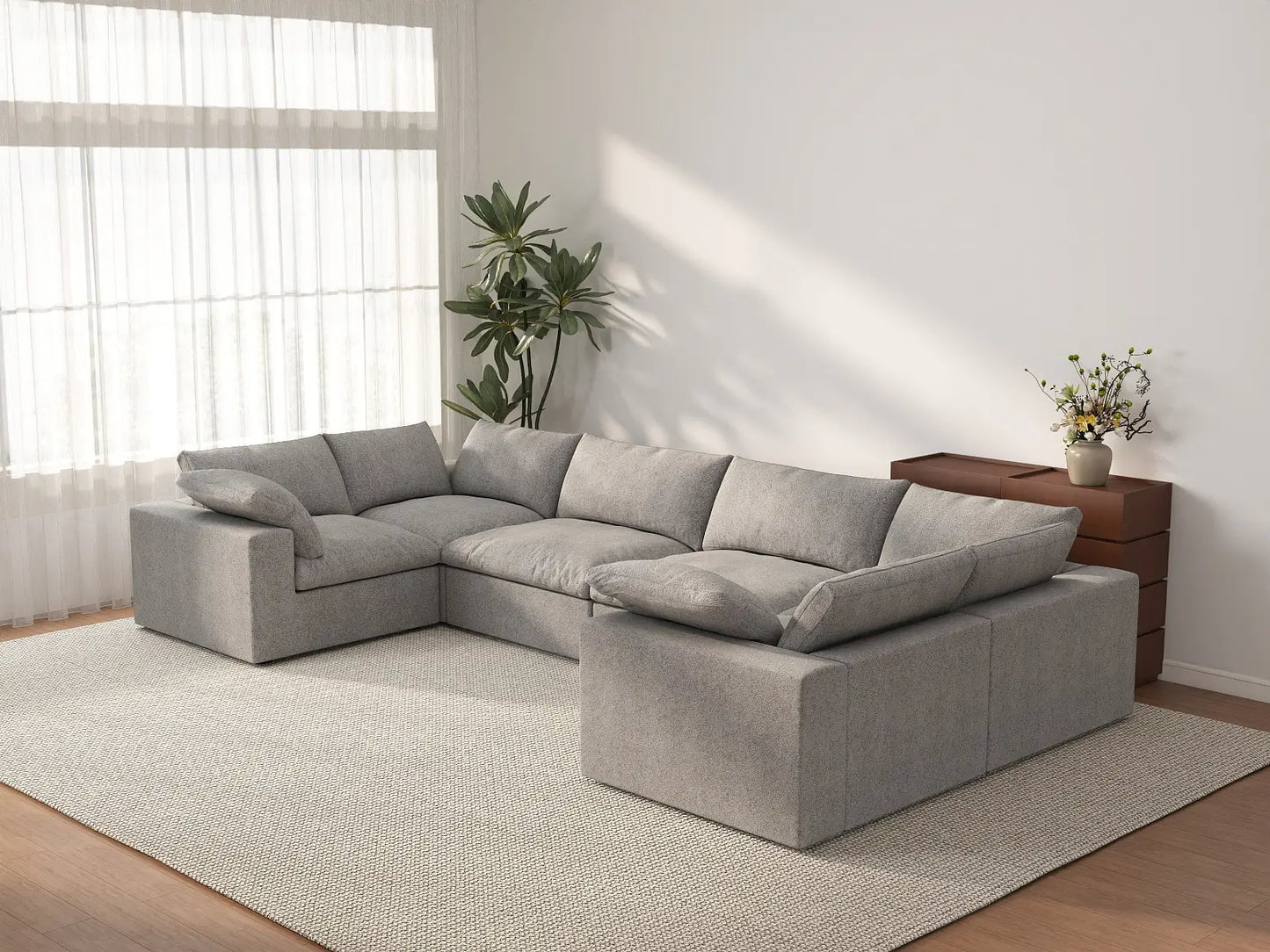 Deluxe Cloud 6-Seater Light Grey Large Space U-Shaped Sectional | 6-Piece, Cotton And Linen Fabric, Easy To Clean