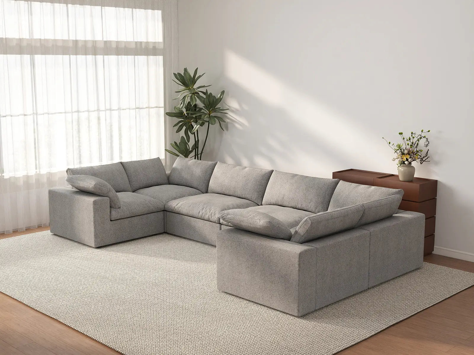 Deluxe Cloud 6-Seater Light Grey Large Space U-Shaped Sectional | 6-Piece, Cotton And Linen Fabric, Easy To Clean