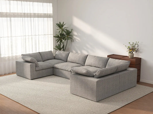 Deluxe Cloud 6-Seater Light Grey Large Space U-Shaped Sectional | 6-Piece, Cotton And Linen Fabric, Easy To Clean